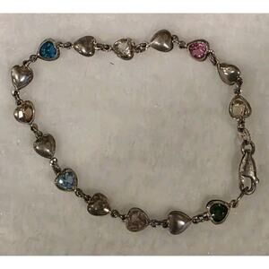 7 Inch 925 Sterlling Silver Heart Shaped Bracelet Faux Gems Italy Tarnished